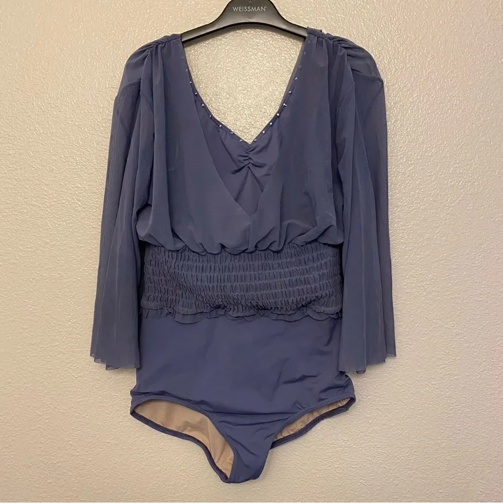 Weissman Balera dance costume blue Smocked Flutter Sleeve Leotard MT12218 MA